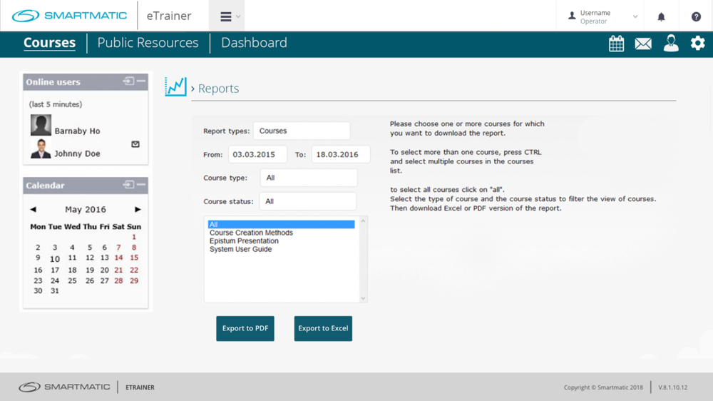 Etrainer learning management software screen showing the reporting module that allows the user to export the report to pdf or excel
