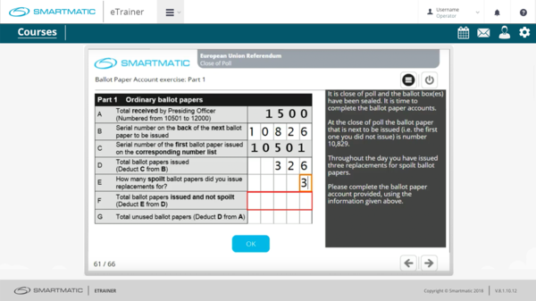 Etrainer software screen showing an example of an exercise that could be part of the interactive learning course
